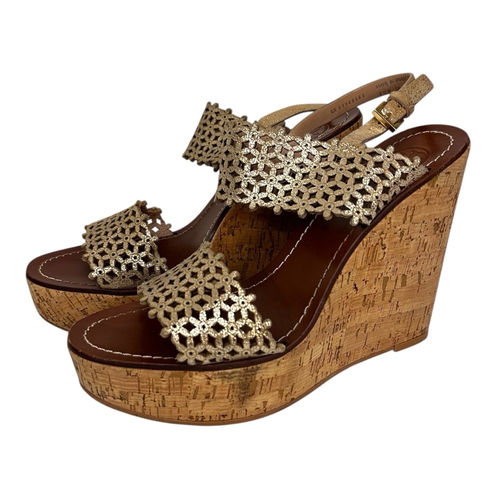 Tory Burch Cork Wedges Floral Perforated Gold Metallic Sandals Women’s Size 8.5